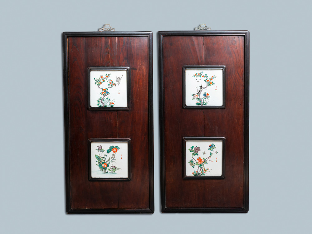 Four Chinese famille verte plaques in wooden frames, 19th C.